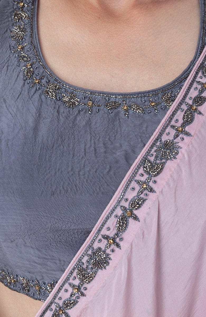 Pink Soft Silk Saree With Hand Embroidered Blouse-[pre_stitched_saree]-Raas