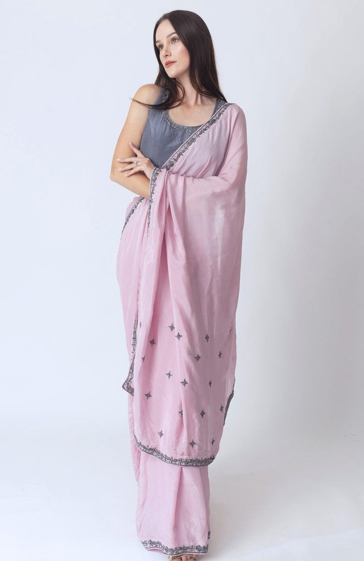 Pink Soft Silk Saree With Hand Embroidered Blouse-[pre_stitched_saree]-Raas