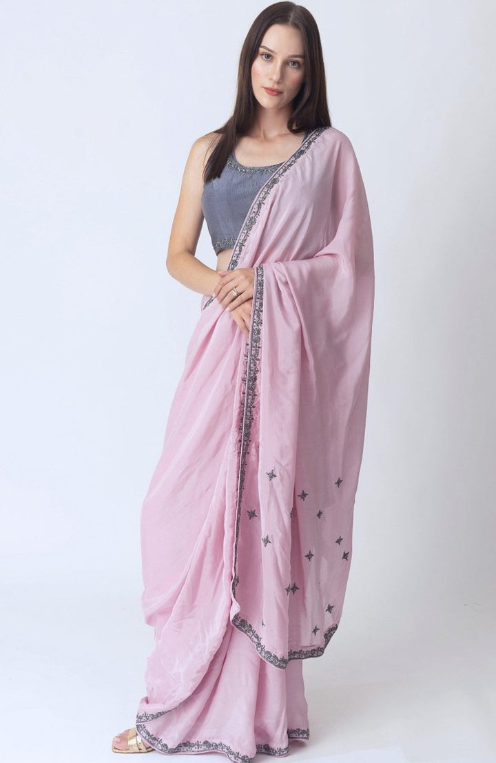 Pink Soft Silk Saree With Hand Embroidered Blouse-[pre_stitched_saree]-Raas