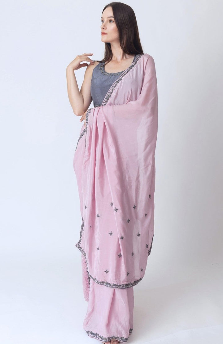 Pink Soft Silk Saree With Hand Embroidered Blouse-[pre_stitched_saree]-Raas