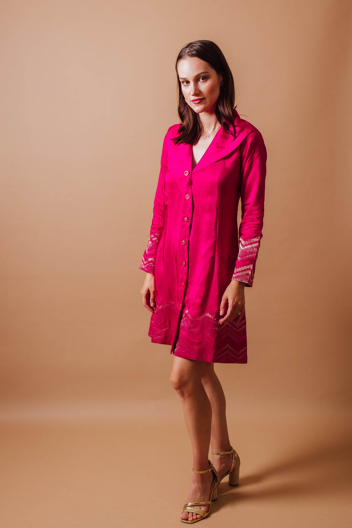 Front photo of a model wearing raas pink blazer dress