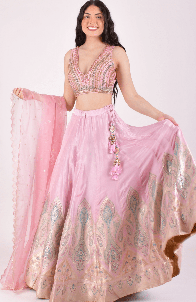 Pink Banarasi Silk Lehenga Choli with dupatta