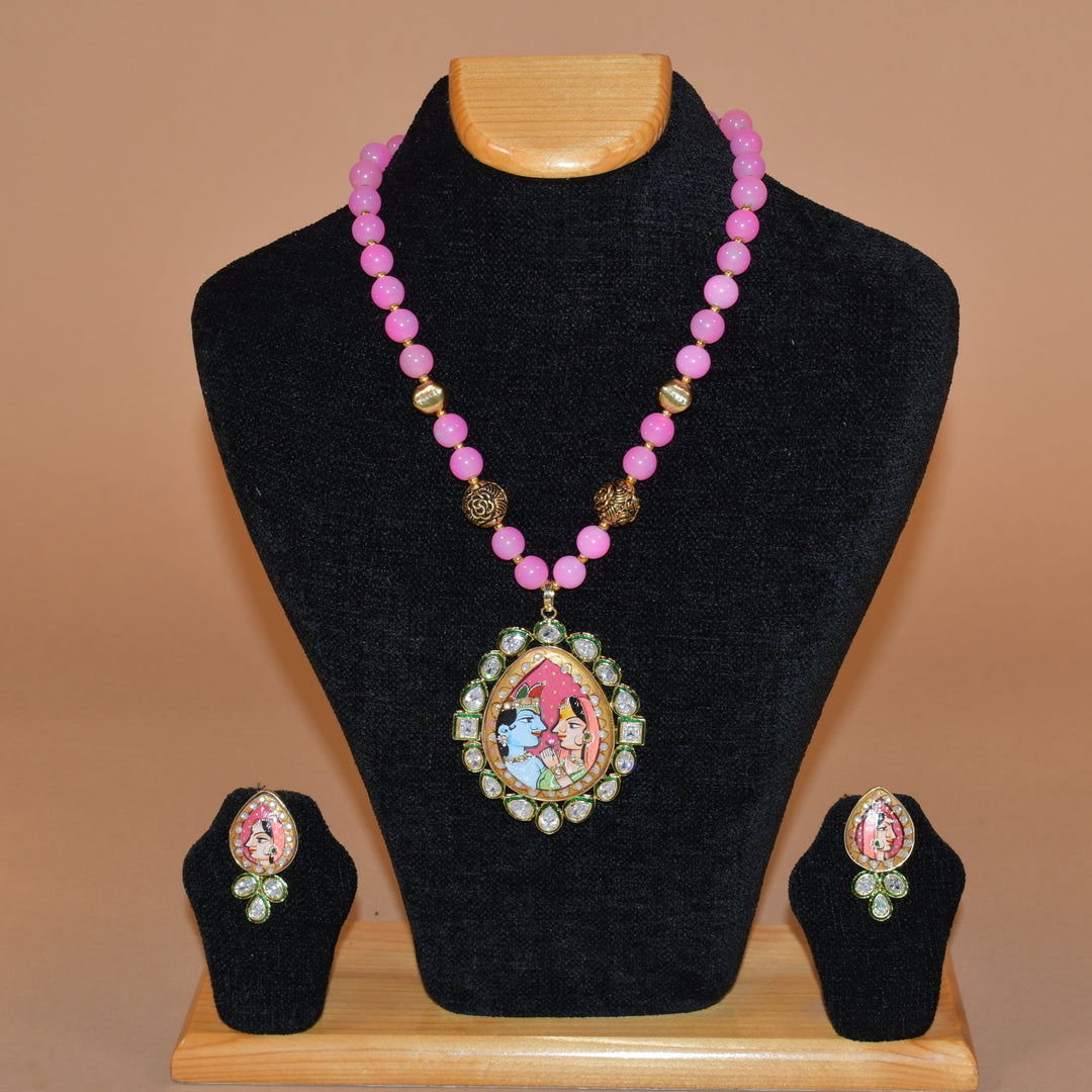 Pink Beaded Tear Drop Cultural Necklace Set