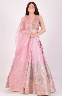 Pink Hand Embroidered Banarasi Silk Lehenga Choli