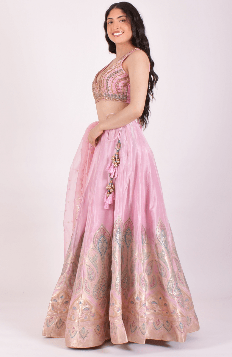 Pink Hand Embroidered Banarasi Silk Lehenga Choli