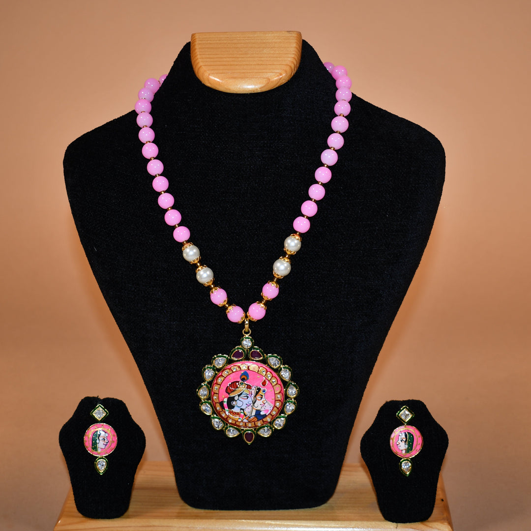 Pink Krishna Necklace with Complementing Earrings