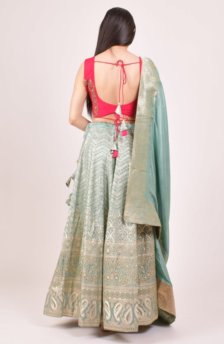 Pista Banarasi Lehenga Set-[mehendi outfit]-Raas