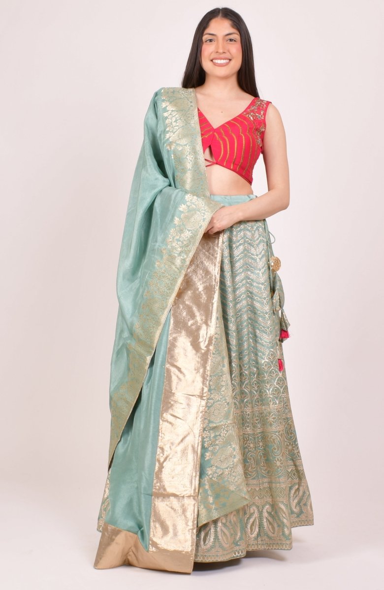 Pista Banarasi Lehenga Set-[mehendi outfit]-Raas
