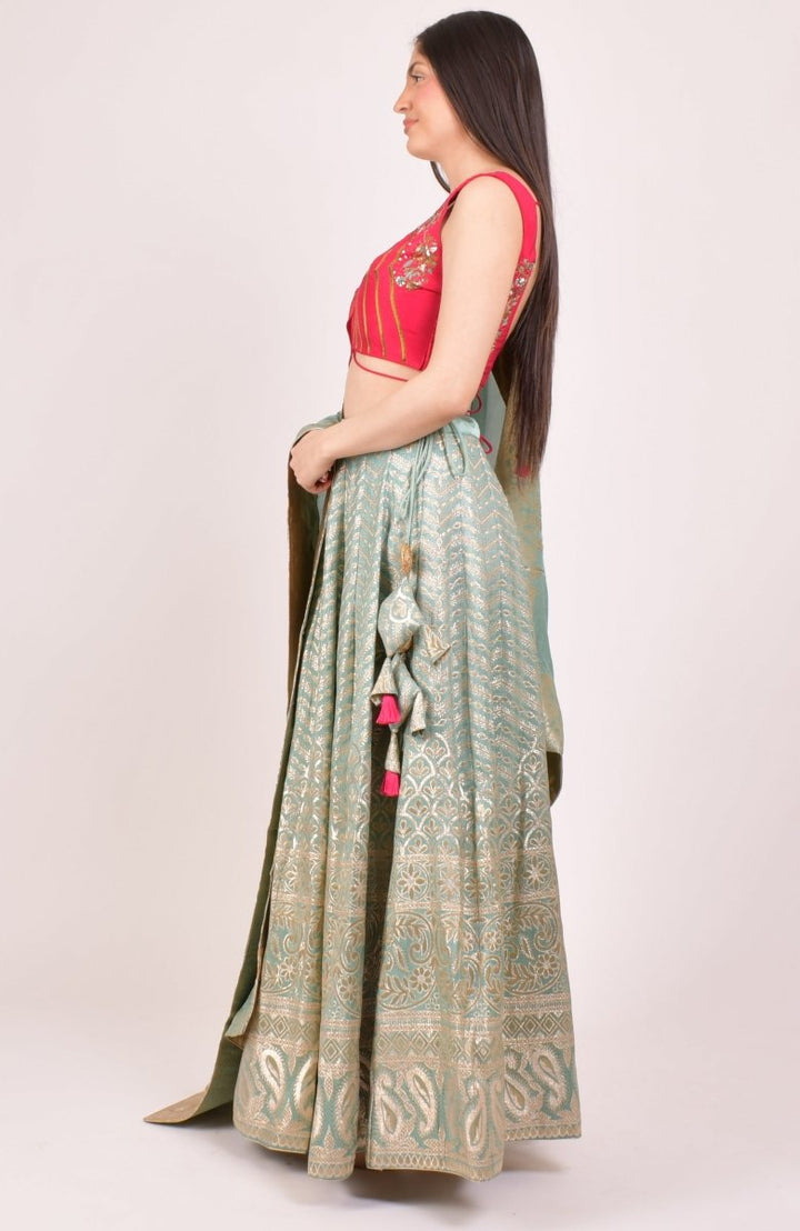 Pista Banarasi Lehenga Set-[mehendi outfit]-Raas