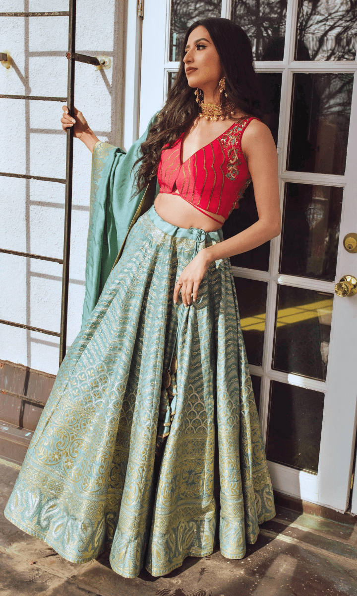 Pista Banarasi Lehenga Set-[mehendi outfit]-Raas