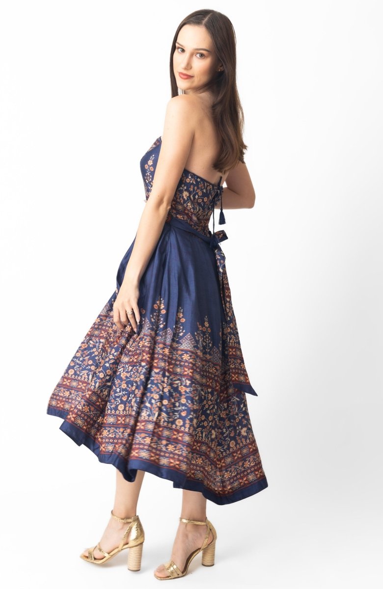 Strapless blue silk midi dress with traditional prints, resham embroidered belt, and back zipper.
