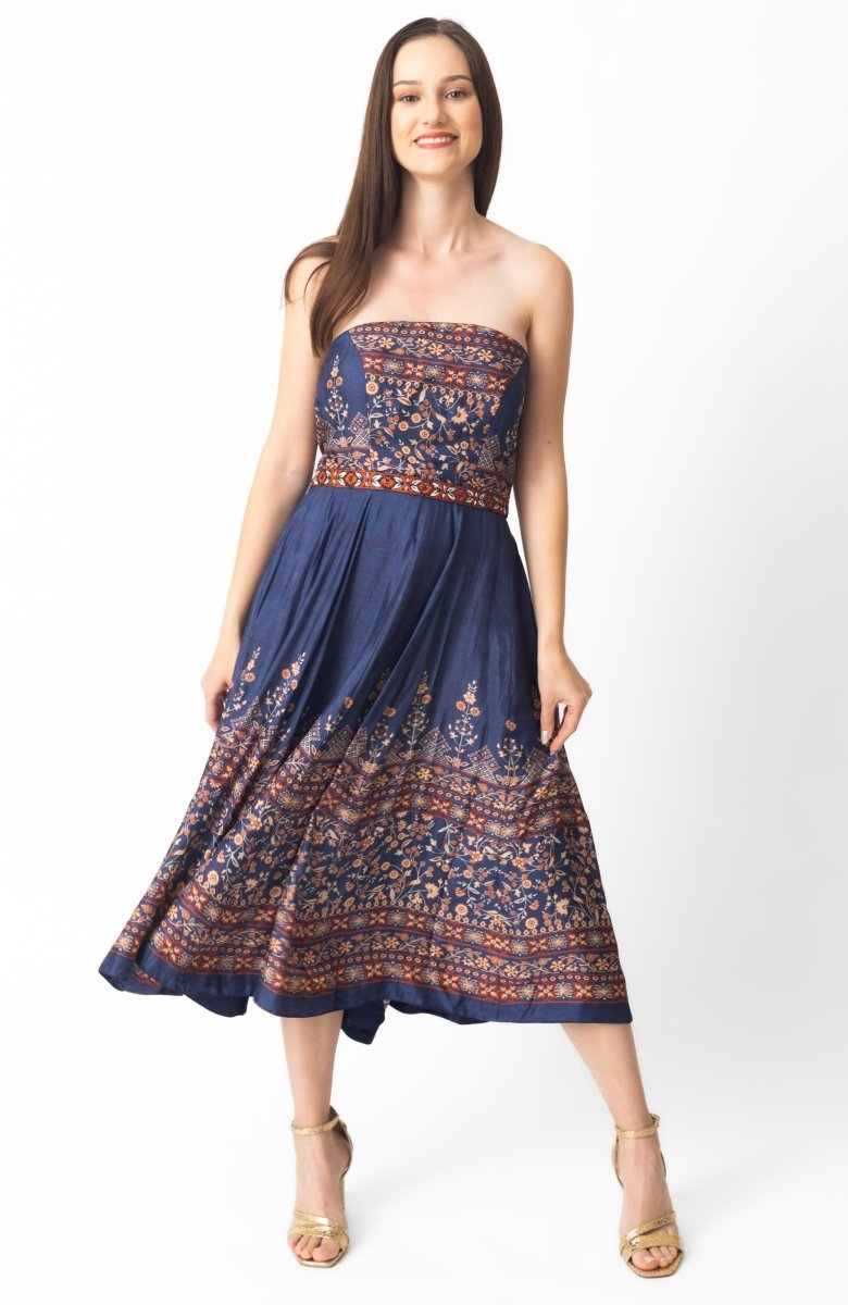 Strapless blue silk midi dress with traditional prints and an embroidered belt.