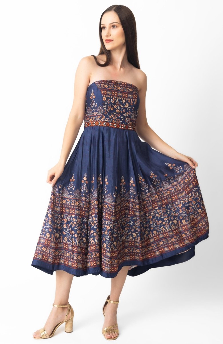 Strapless blue silk midi dress with traditional prints and an embroidered resham belt.