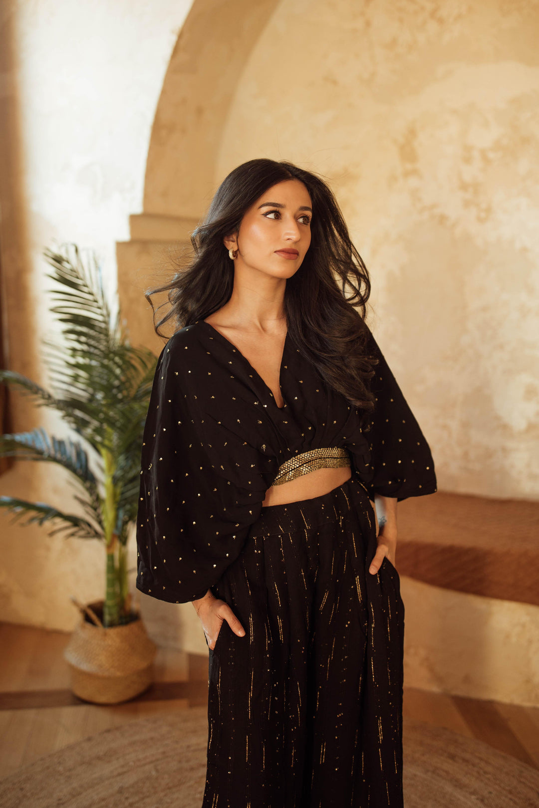 Priscilla Black and Gold Palazzo Suit with Gold Trim Embroidery-Raas