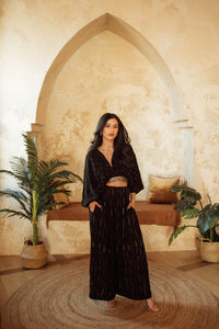Priscilla Black and Gold Palazzo Suit with Gold Trim Embroidery-Raas