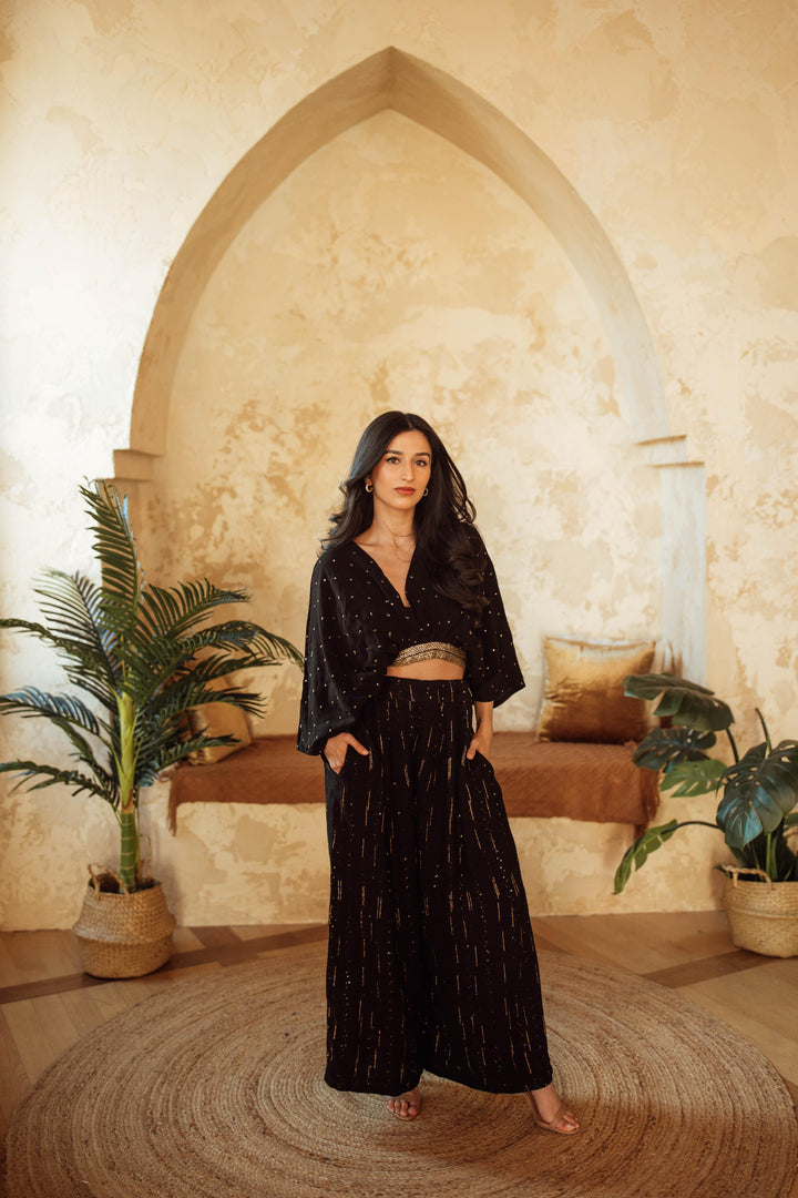 Priscilla Black and Gold Palazzo Suit with Gold Trim Embroidery-Raas