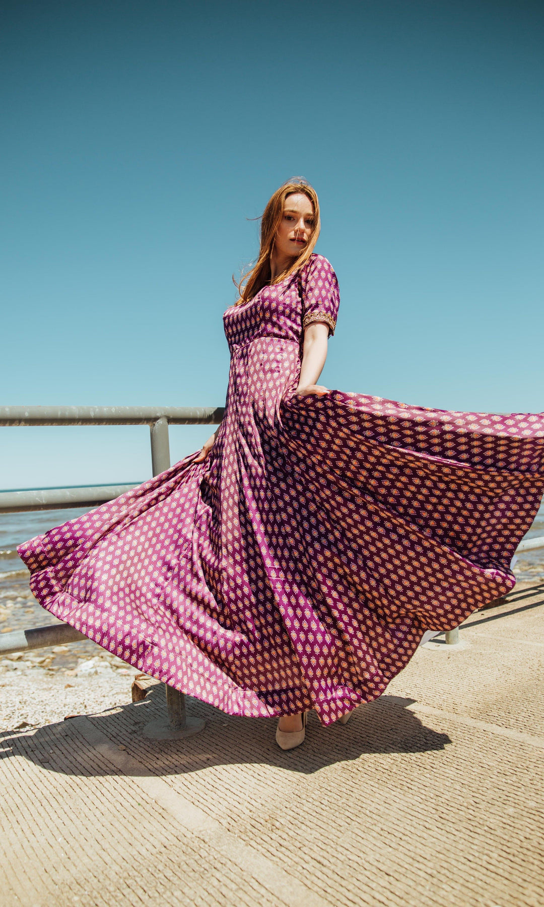 Purple Embroidered Long Dress with Drape-Raas USA