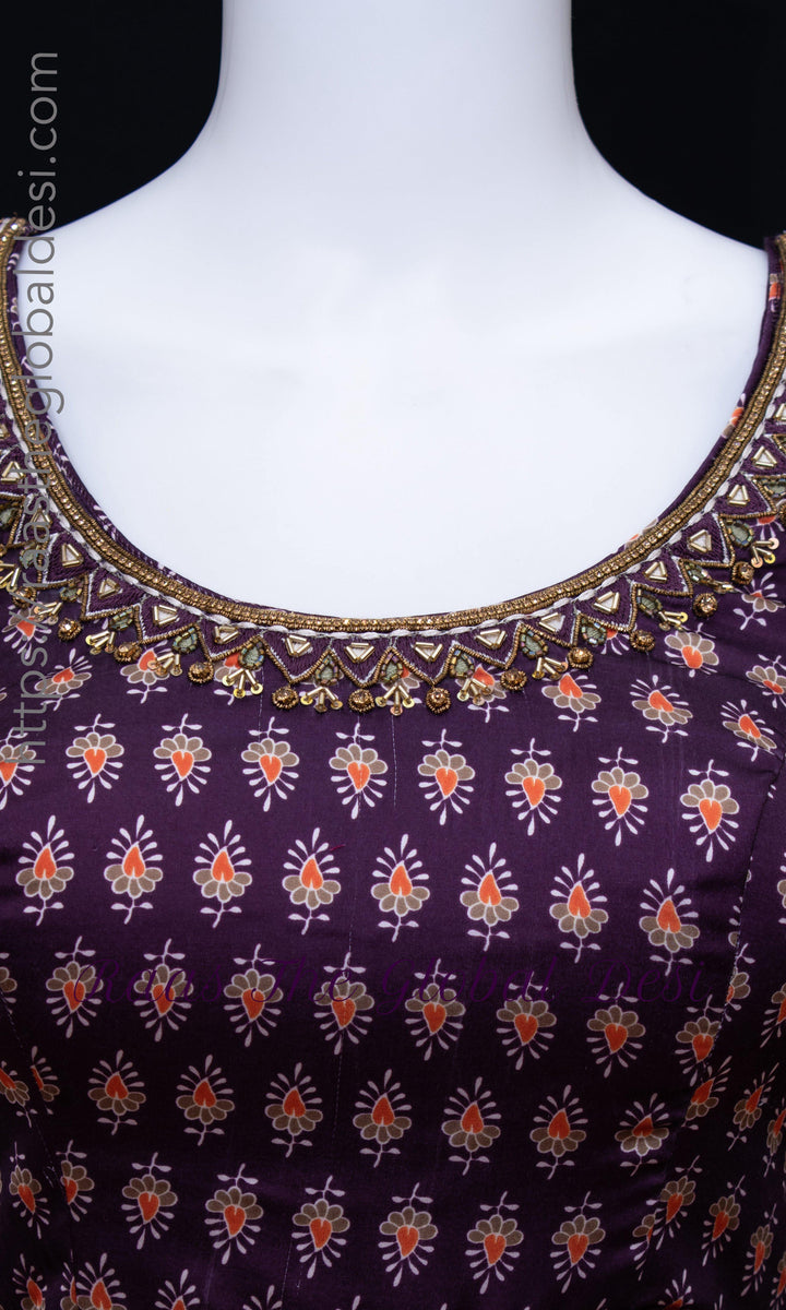 Purple Embroidered Long Dress with Drape-Raas USA