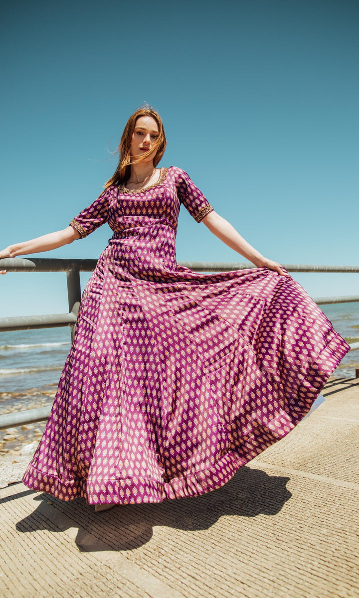 Purple Embroidered Long Dress with Drape-Raas USA