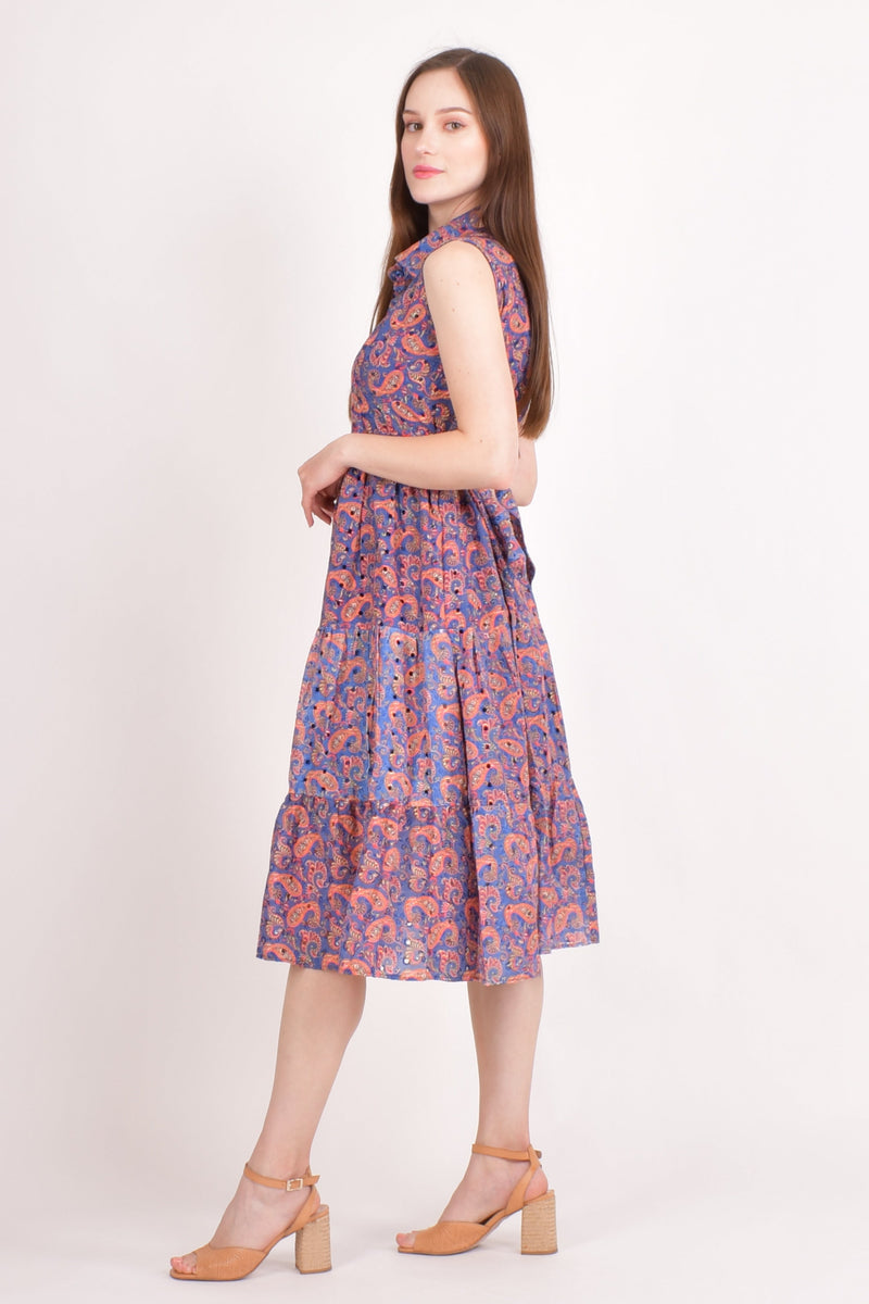 Purple hakoba cotton tiered midi dress with paisley print and eyelet embroidery, sleeveless, left leg slit.