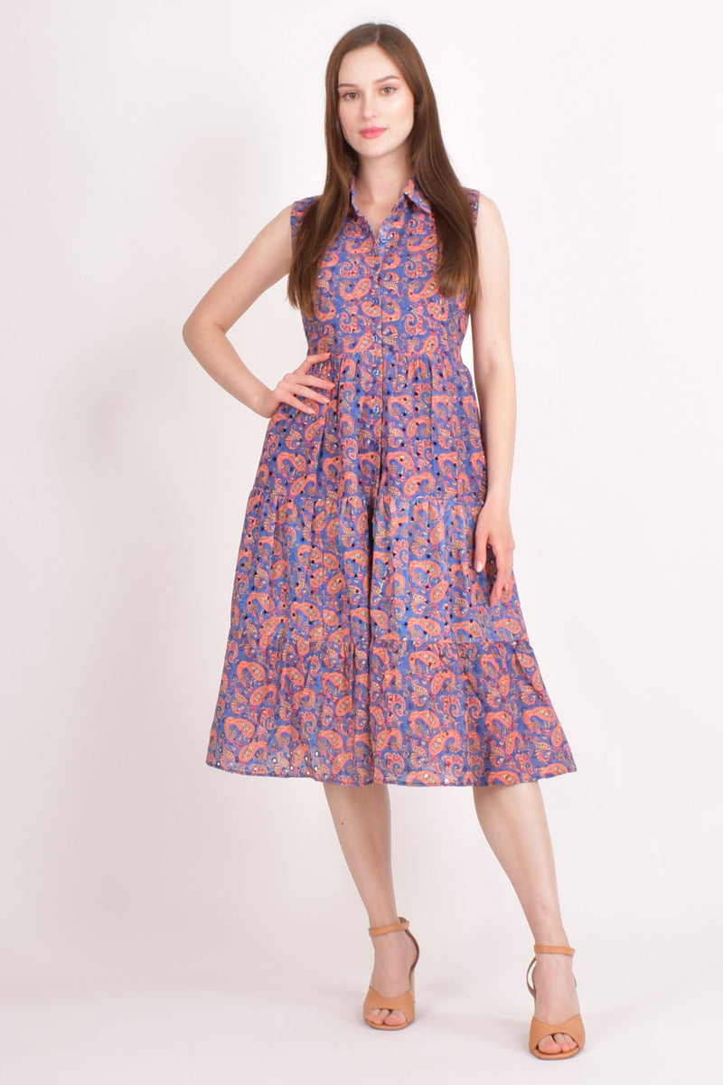 Purple hakoba cotton tiered midi dress with paisley print, sleeveless design, and front button placket.