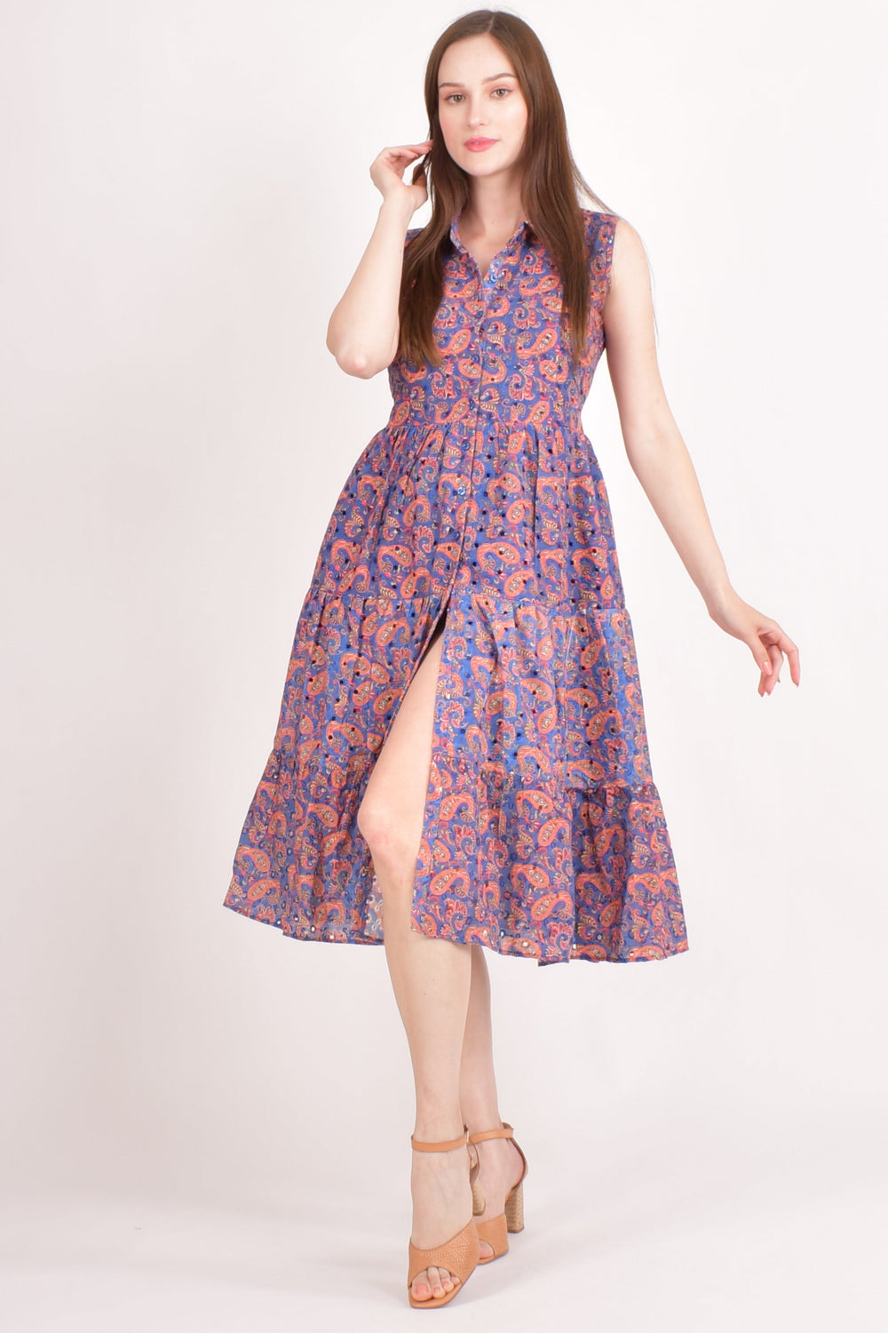 Purple hakoba cotton tiered midi dress with paisley print, eyelet embroidery, and left leg slit.