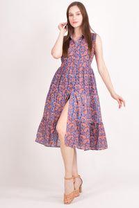 Purple hakoba cotton tiered midi dress with paisley print, eyelet embroidery, and left leg slit.