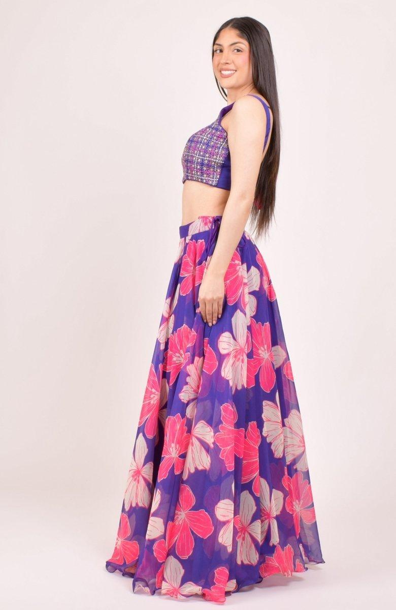 RAAS Purple Floral Lehenga Choli Side View with Embroidered Blouse - Sangeet Mehendi Wedding Outfit USA