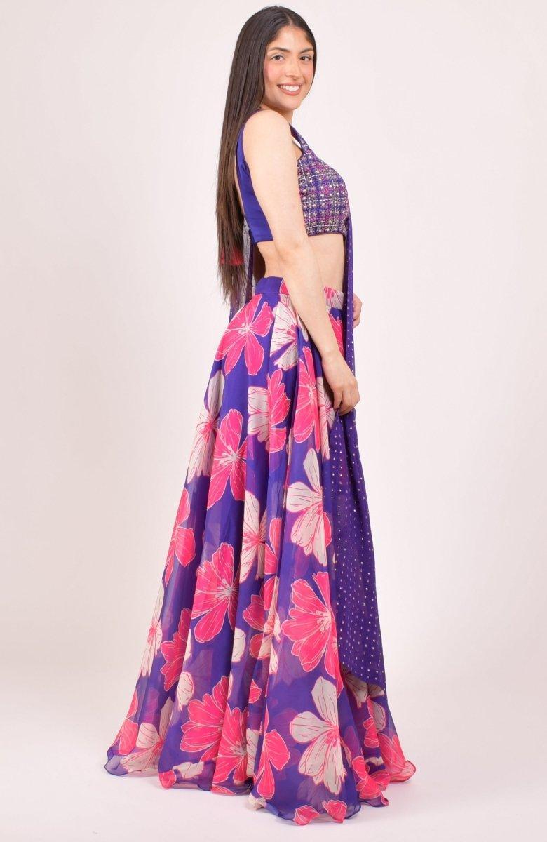 RAAS Purple Floral Lehenga Choli Front View with Embroidered Crop Blouse - Sangeet Mehendi Lehenga USA