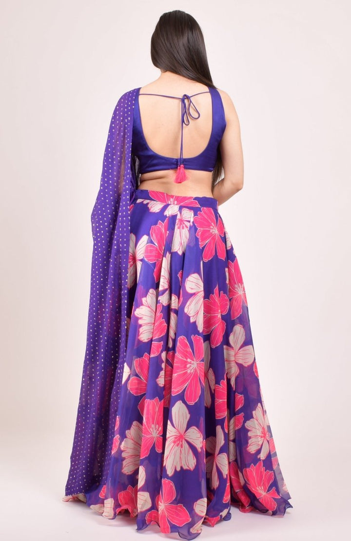 Purple Floral Print Lehenga Choli With Embroidered Blouse & Dupatta RAAS