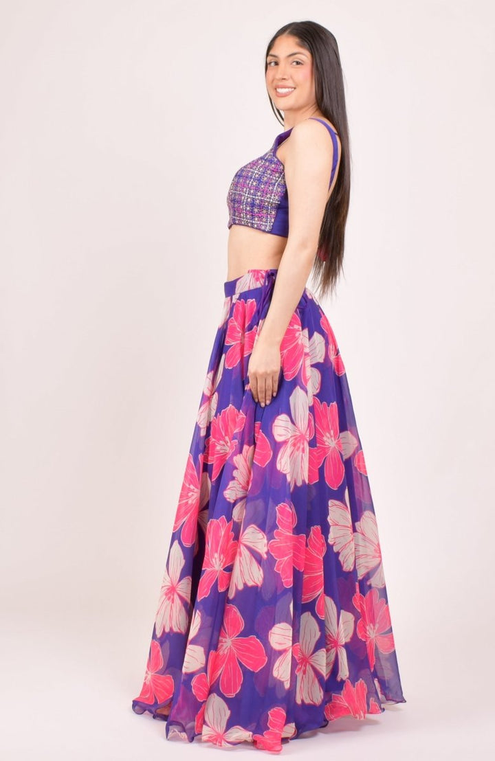 Purple Floral Print Lehenga Choli With Embroidered Blouse & Dupatta RAAS