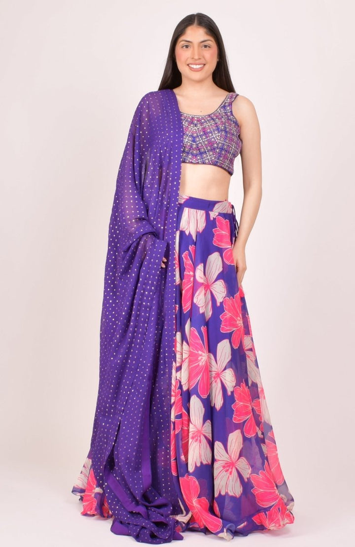 Purple Floral Print Lehenga Choli With Embroidered Blouse & Dupatta RAAS