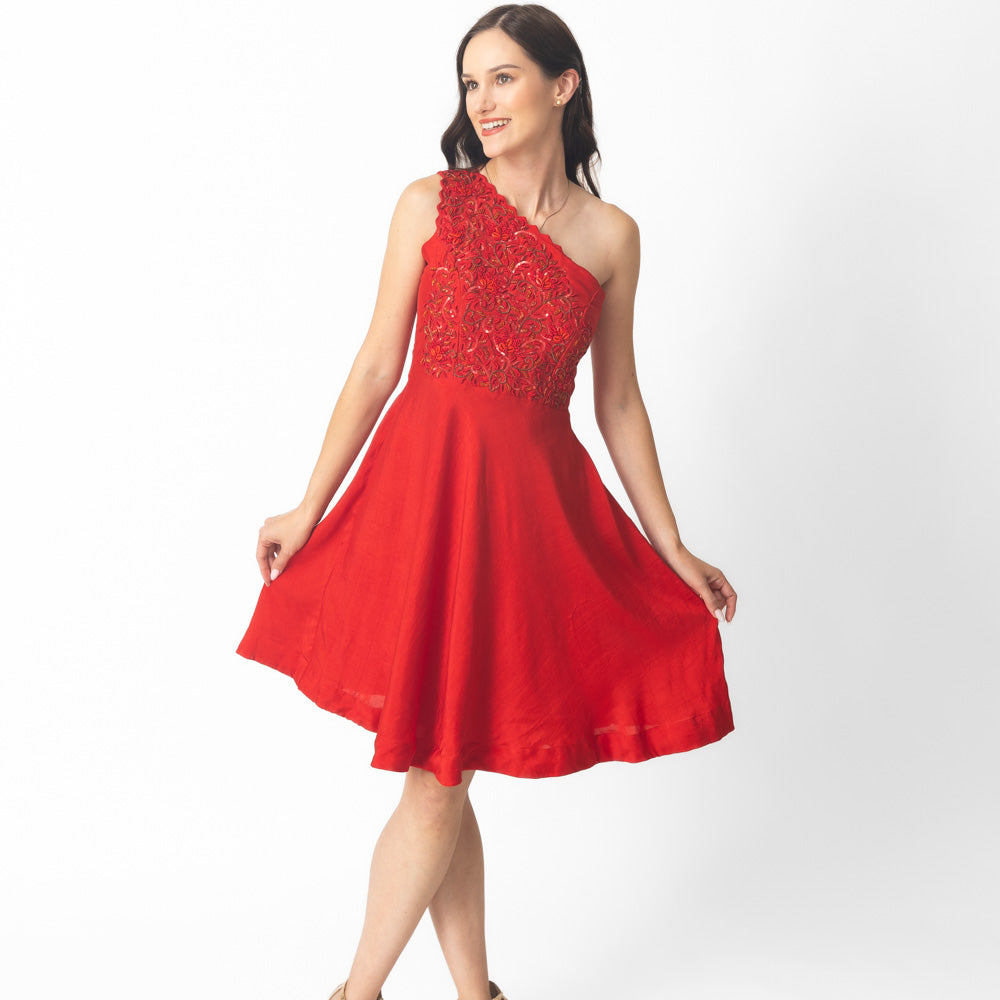 Kia Red Raw Silk Short Dress