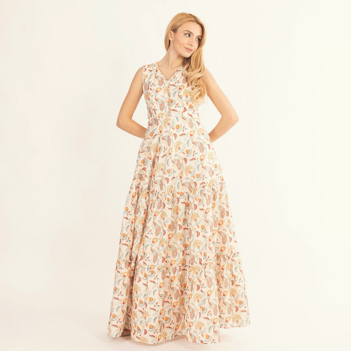 Sage Off-White Long Dress with All-Over Kalankari Print