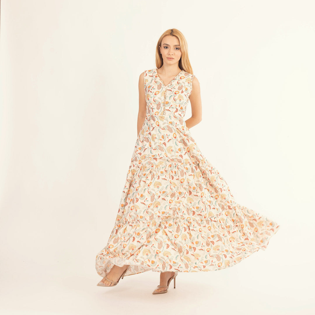 Sage Off-White Long Dress with All-Over Kalankari Print