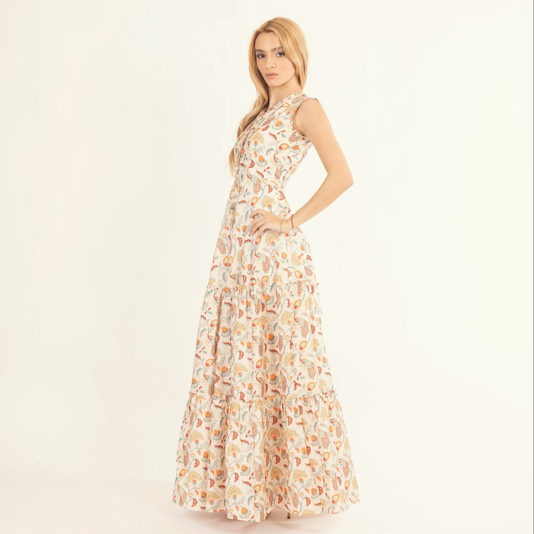 Sage Off-White Long Dress with All-Over Kalankari Print