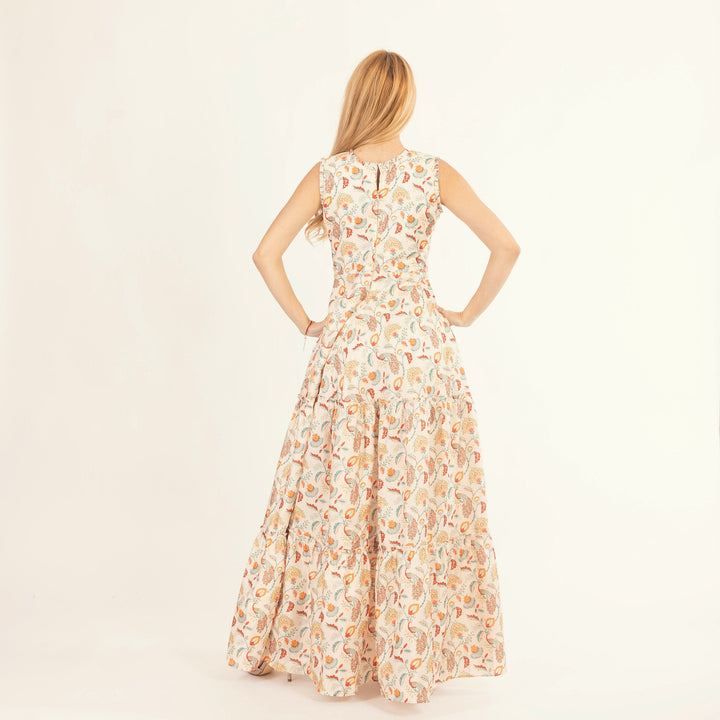 Sage Off-White Long Dress with All-Over Kalankari Print