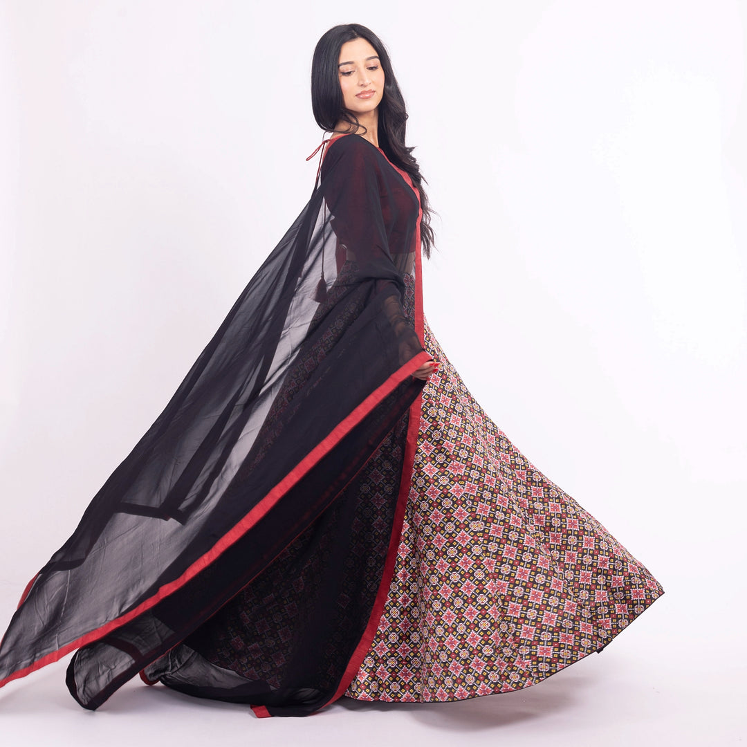 Kya Black Red Silk Lehenga Choli Set