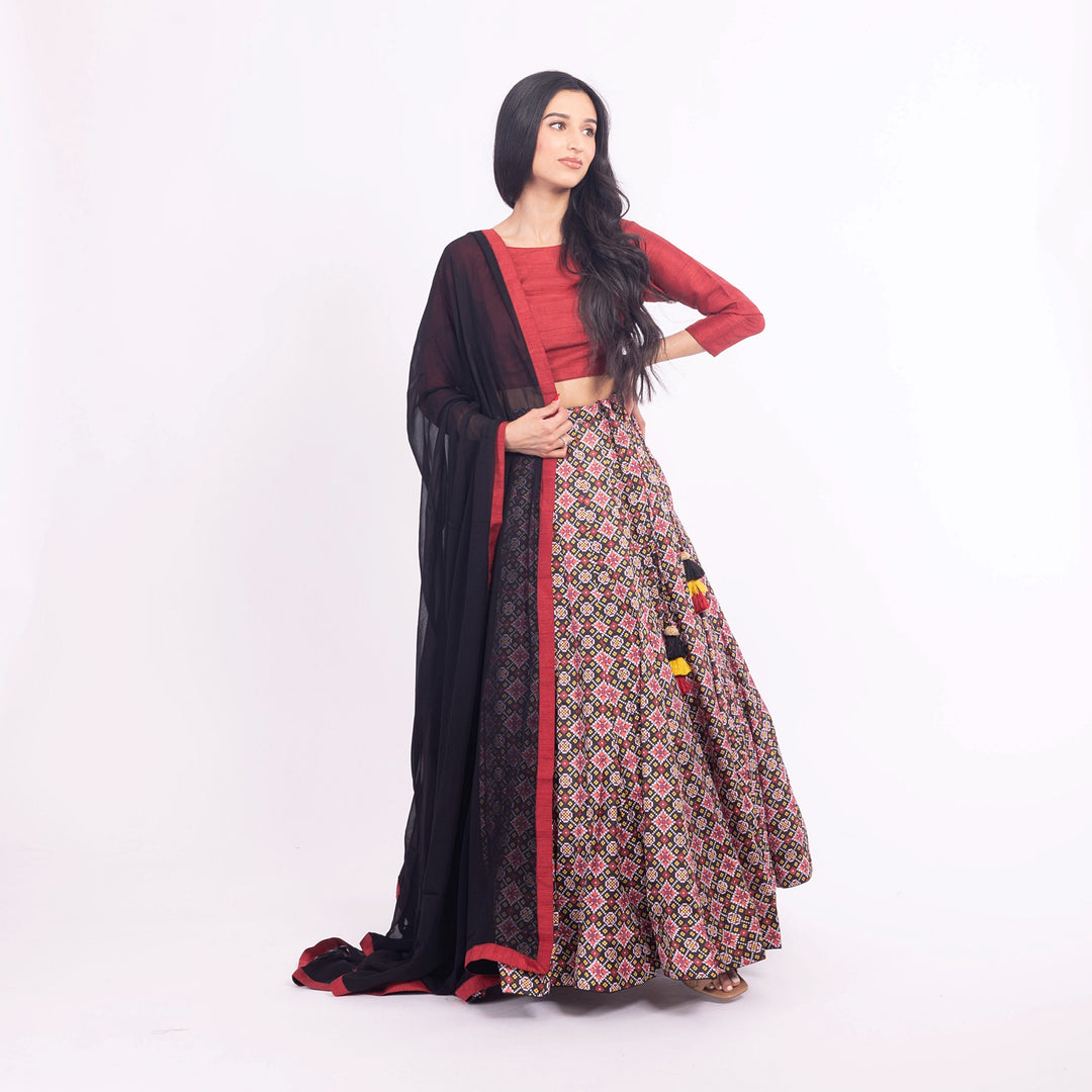 Kya Black Red Silk Lehenga Choli Set