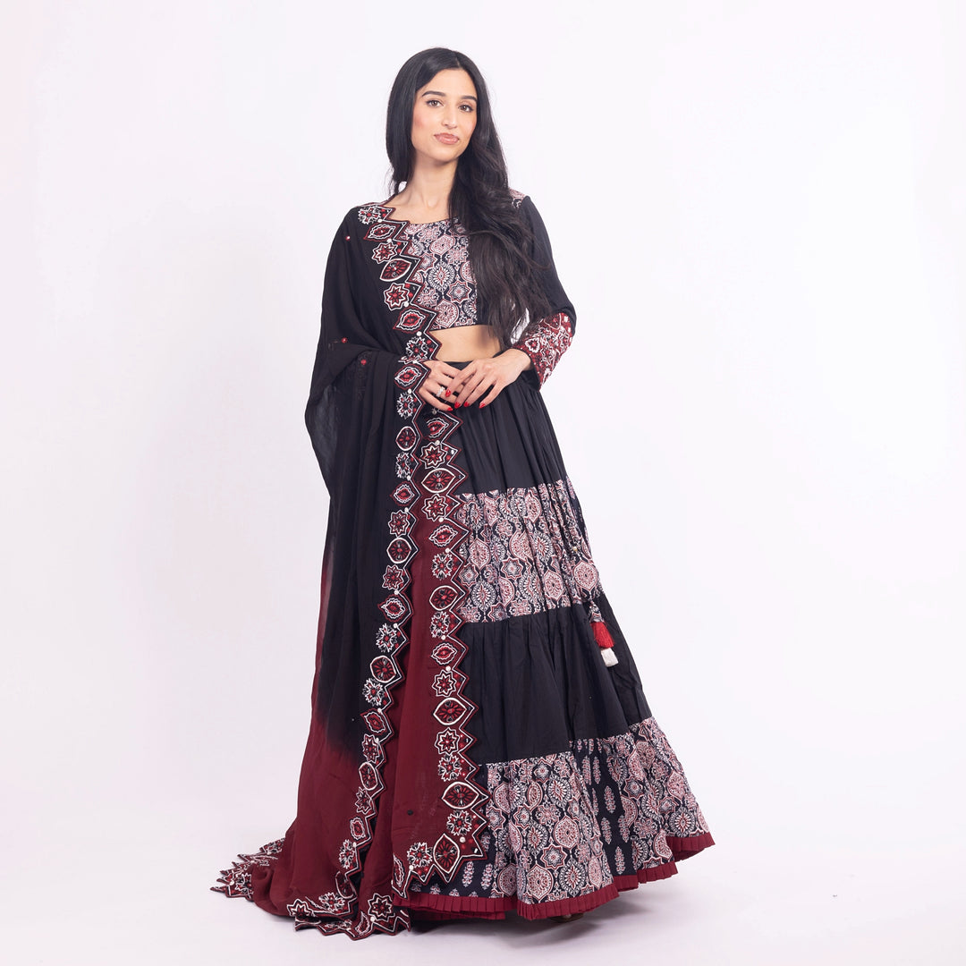 Black Red Flared Tiered Lehenga Choli Set