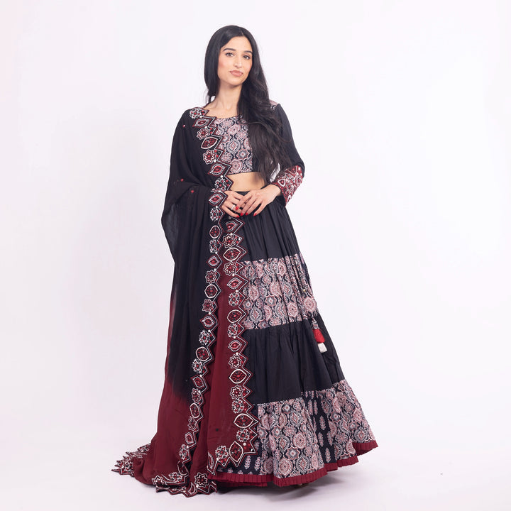 Black and Red Flared Tiered Lehenga Choli Set