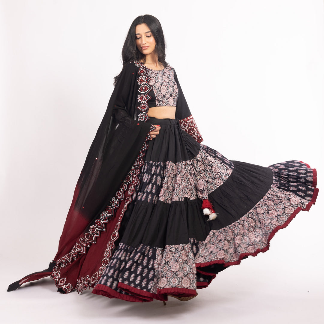 Black and Red Flared Tiered Lehenga Choli Set