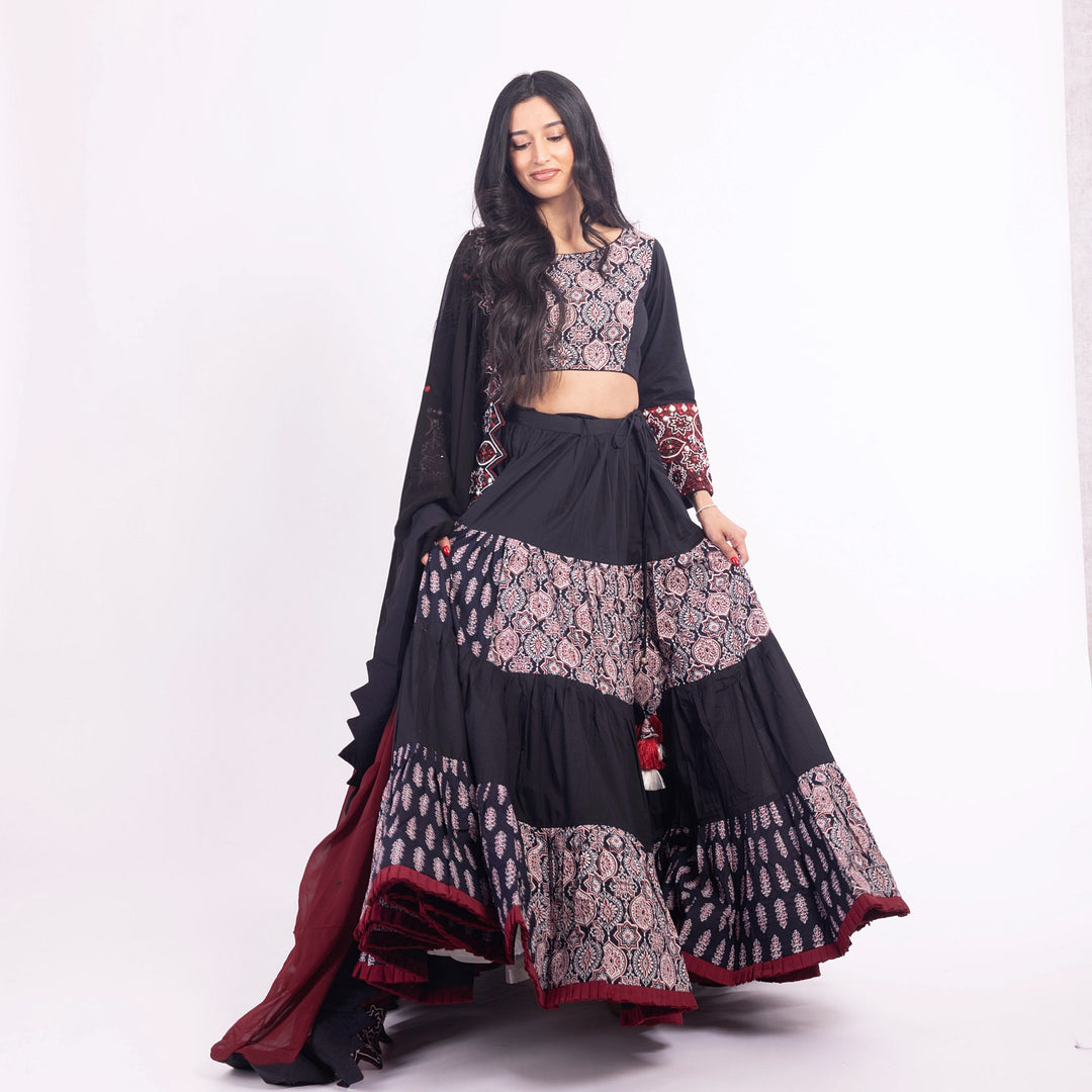 Black and Red Flared Tiered Lehenga Choli Set