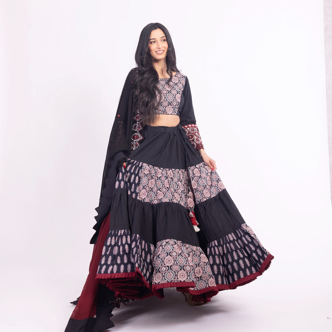 Black and Red Flared Tiered Lehenga Choli Set