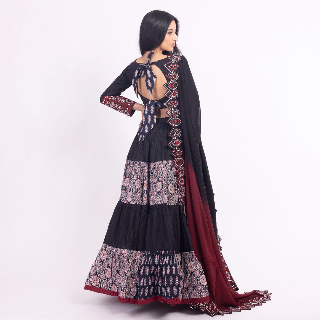 Black and Red Flared Tiered Lehenga Choli Set