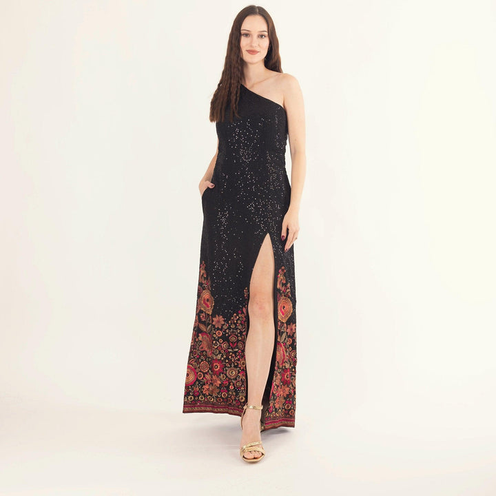 Avenia Black One-Shoulder Long Dress with Sequins Embroidery