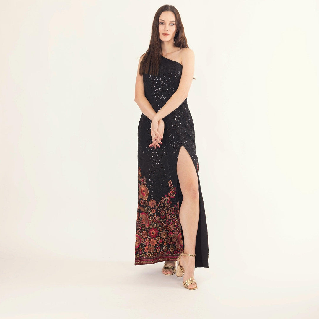 Avenia Black One-Shoulder Long Dress with Sequins Embroidery