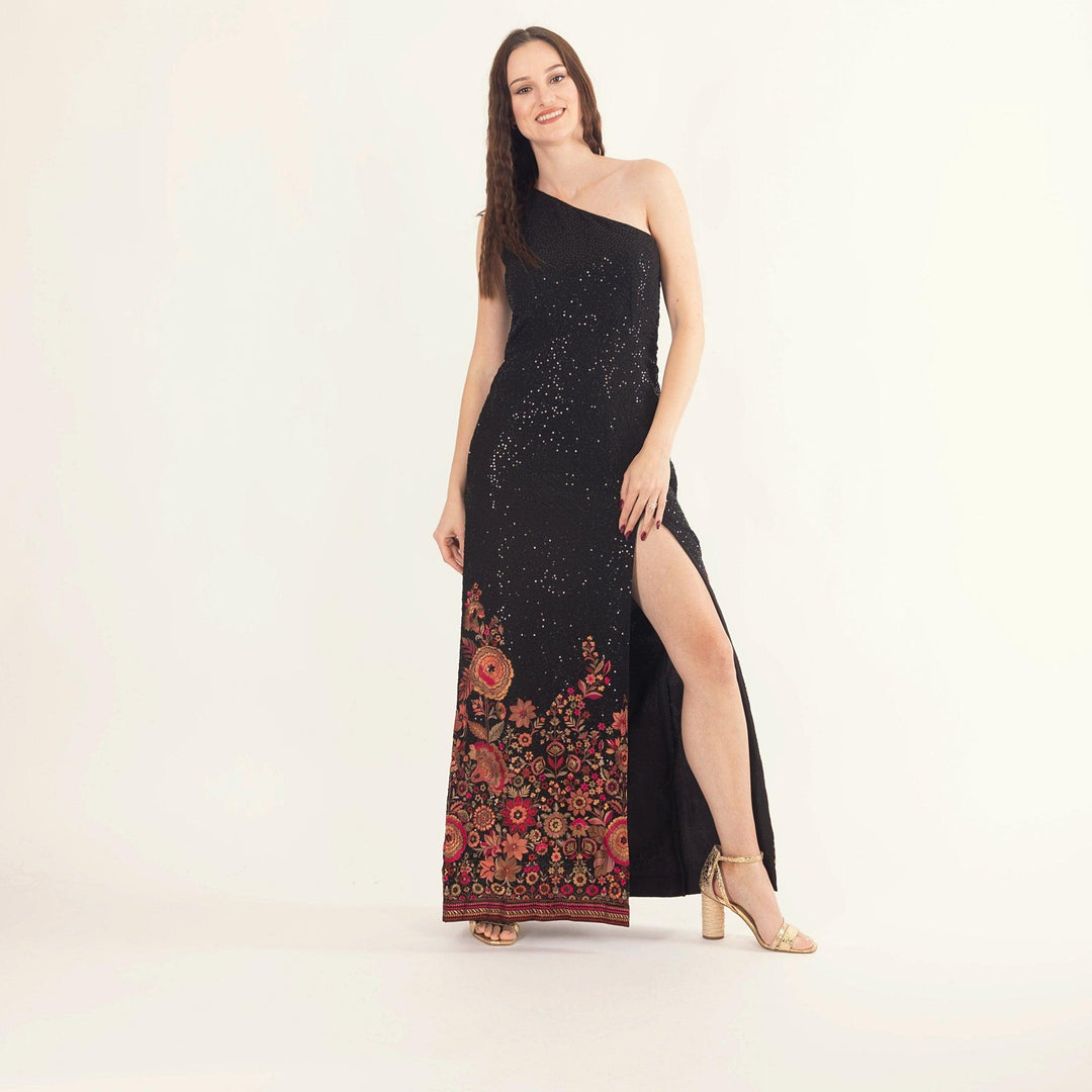 Avenia Black One-Shoulder Long Dress with Sequins Embroidery