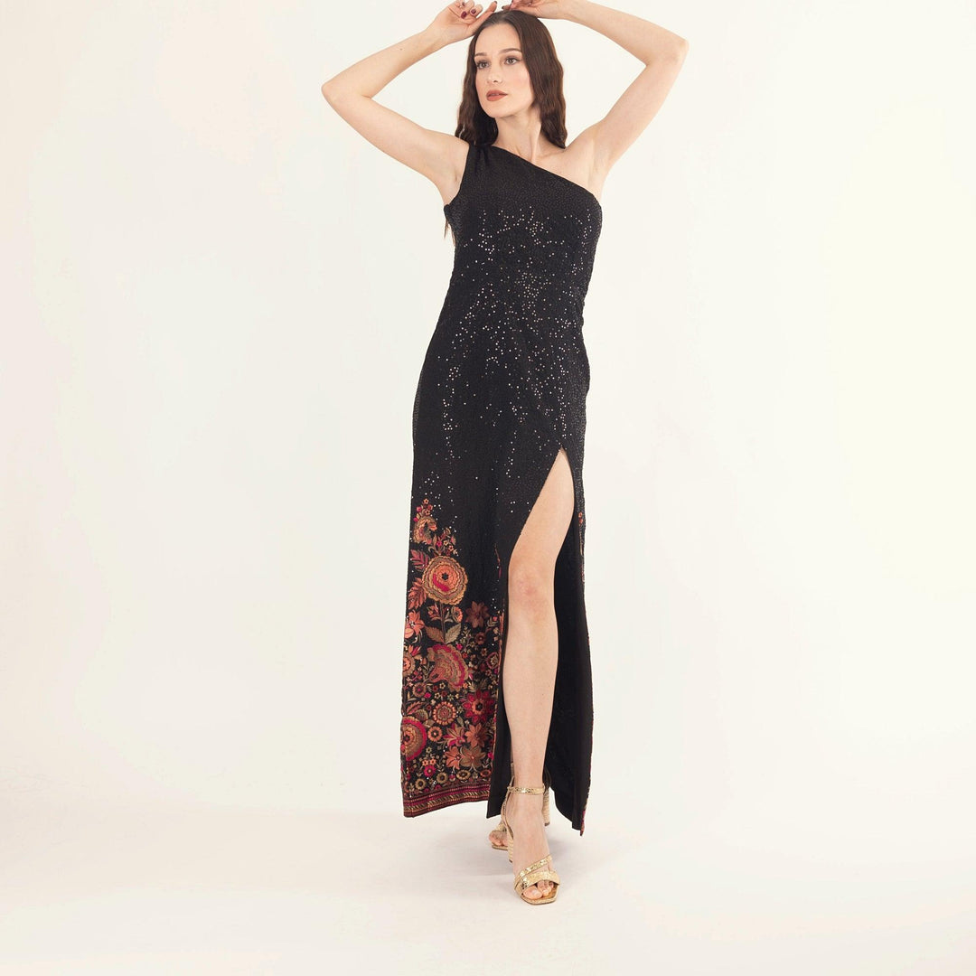 Avenia Black One-Shoulder Long Dress with Sequins Embroidery