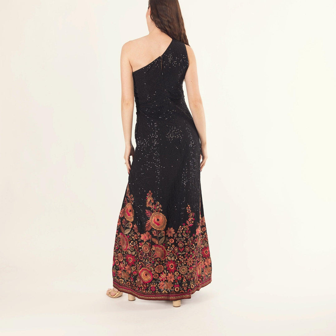 Avenia Black One-Shoulder Long Dress with Sequins Embroidery